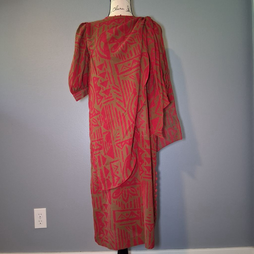New Howard Wolf Red & Sand Abstract Print Midi Shift Dress Size 8 Drape Overlay